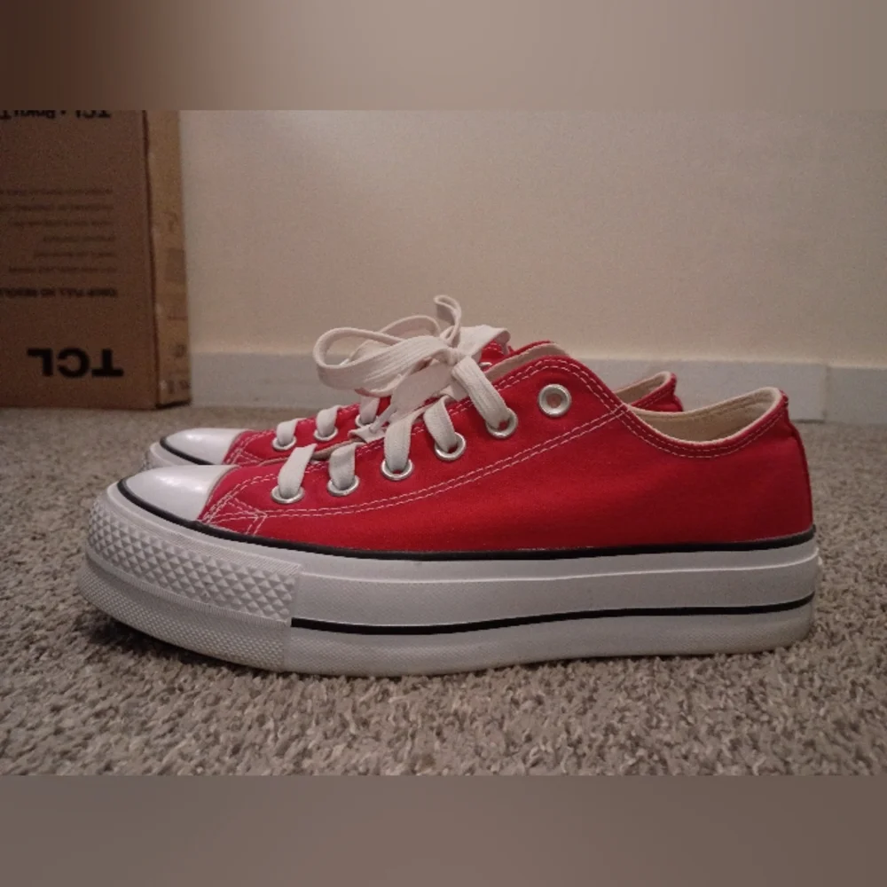 Converse Women's Platform Red Low Top Sneakers with White Toe - Picture 2 of 6